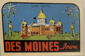 Vintage Des Moines Iowa State Capitol Water Decal Unused Travel Souvenir
